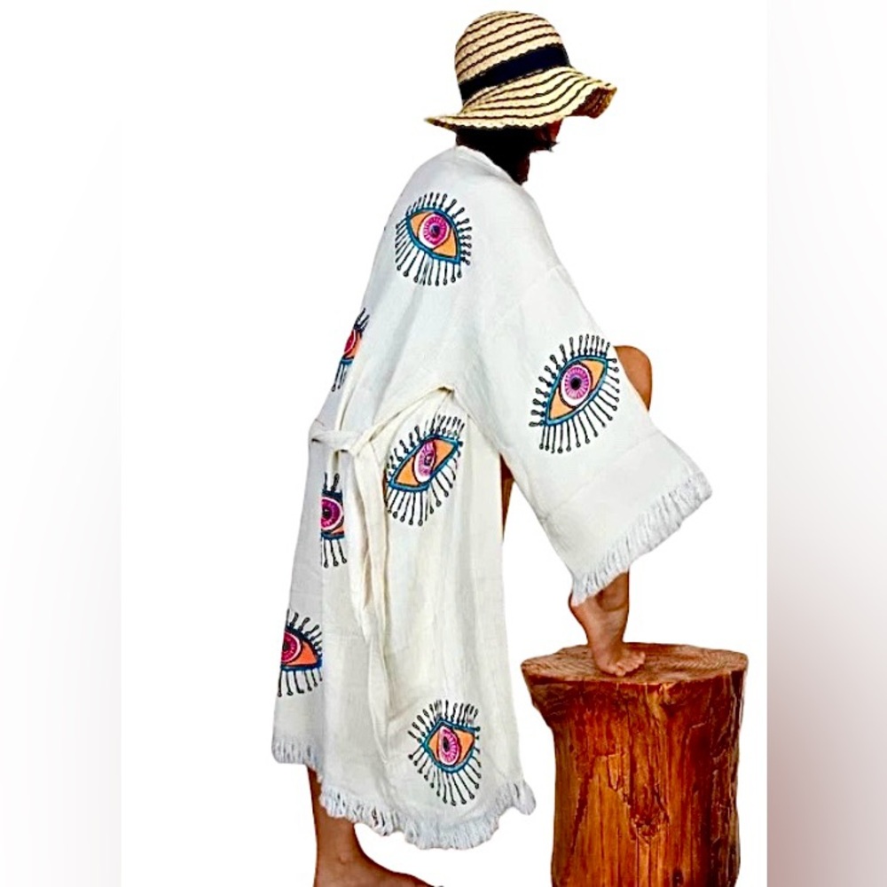 Karli Buxton – Evil Eye Organic Cotton Kaftan Cover – Neutral Multi Eye – Sz. OS